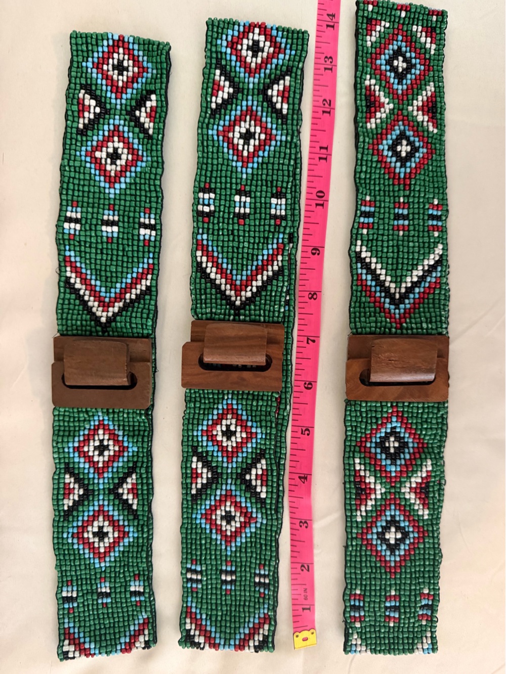 Handcrafted Green Beaded Stretch Waist Belt w/Wooden Hook Buckle. Various Sizes